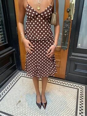 NWT Cider Brown and Cream Polka Dot Midi Slip Skirt